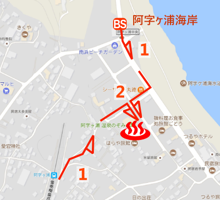 Map and bus stop of Ajigaura-onsen Nozomi, Ibaraki Prefecture