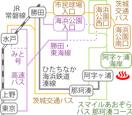 Train and bus route map of Ajigaura-onsen Nozomi, Ibaraki Prefecture