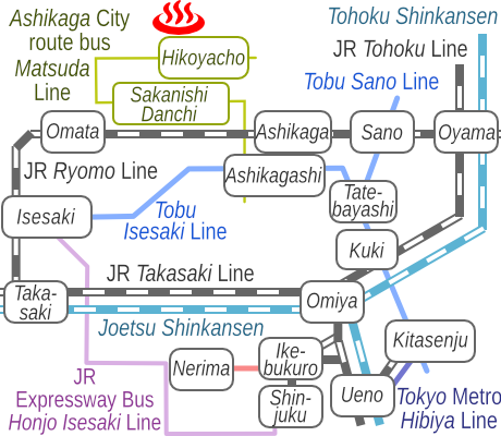 Train and bus route map of Jizonoyu Toyokan, Tochigi Prefecture