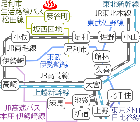 Train and bus route map of Jizonoyu Toyokan, Tochigi Prefecture