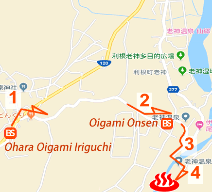 Map and bus stop of Oigami Onsen Anabarayu Toshukan in Gunma Prefecture, Japan
