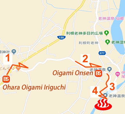 Map and bus stop of Oigami Onsen Yumotohanatei in Gunma Prefecture, Japan
