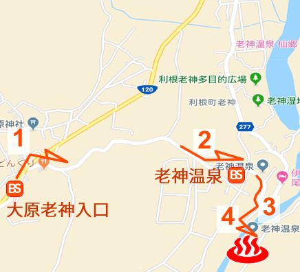 Map and bus stop of Oigami Onsen Yumotohanatei in Gunma Prefecture, Japan