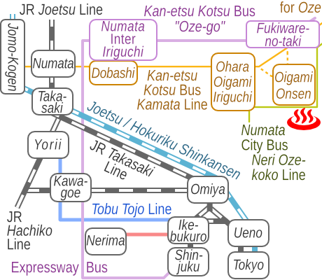 Train and bus route map of Oigami Onsen, Gunma Prefecture, Japan