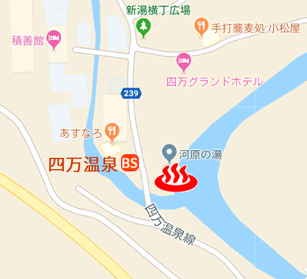 Map and bus stop of Kawaranoyu, Shima Onsen in Gunma prefecture