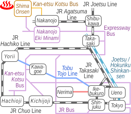 Train and bus route map of Kawaranoyu, Shima Onsen, Gunma Prefecture