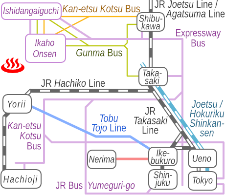 Train and bus route map of Rotenburo, Ikaho Onsen, Gunma Prefecture
