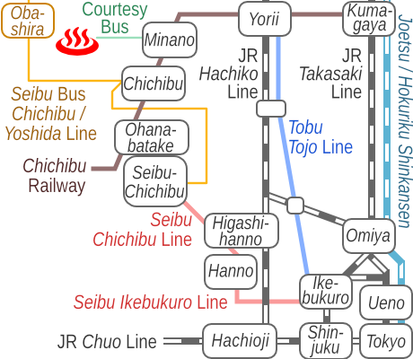 Train and bus route map of Chichibu Kawabata-onsen Bonnoyu, Saitama Prefecture