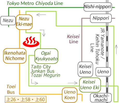 Train and bus route map of Rokuryu-kosen, Ueno, Tokyo