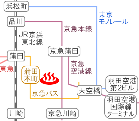 Train and bus route map of Kamata-onsen, Tokyo