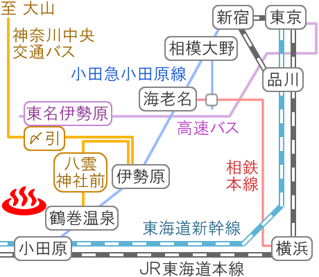 Train and bus route map of Tsurumaki Onsen Kobonosatoyu, Kanagawa Prefecture