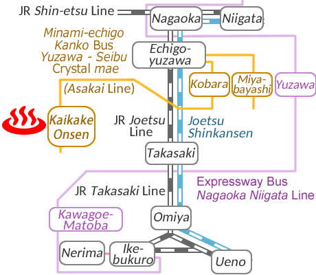 Train and bus route map of Kaikake Onsen, Niigata Prefecture, Japan