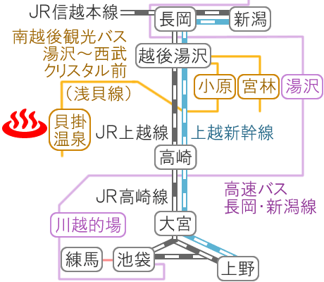 Train and bus route map of Kaikake Onsen, Niigata Prefecture, Japan