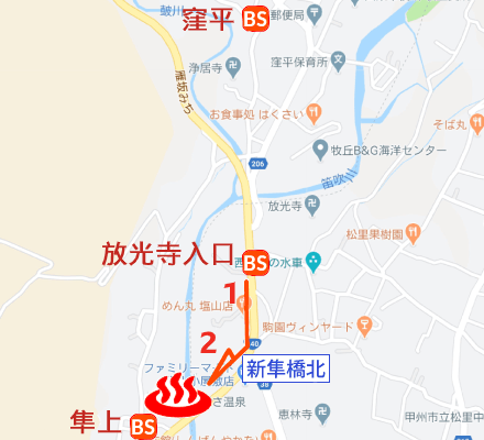 Map and bus stop of Hayabusa-onsen in Yamanashi Prefecture, Japan