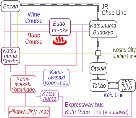 Train and bus route map of Katsunuma Budonooka-onsen Tenkunoyu, Yamanashi Prefecture