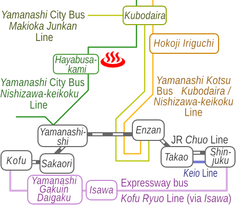 Train and bus route map of Hayabusa-onsen, Yamanashi Prefecture, Japan