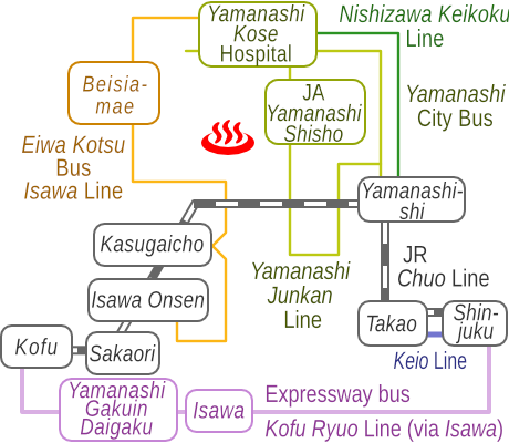 Train and bus route map of Shotokuji-onsen Hatsuhana, Yamanashi Prefecture, Japan
