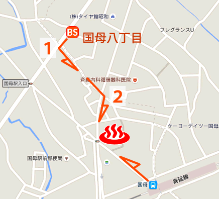 Map and bus stop of Kofu Sakurayu (ex Kokuboekimae-onsen) in Yamanashi Prefecture