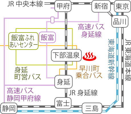Train and bus route map of Shimobe Onsen Daiichikan Yukiya, Yamanashi Prefecture