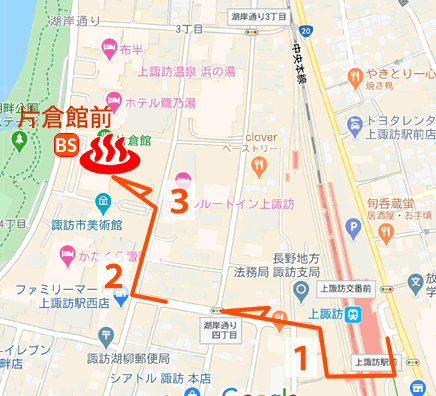 Map and bus stop of Kamisuwa Onsen Katakurakan in Nagano Prefecture, Japan
