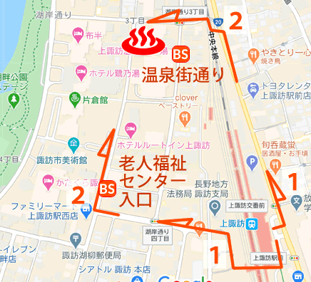 Map and bus stop of Kamisuwa Onsen Shibunoyu in Nagano Prefecture