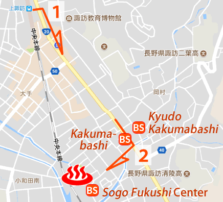 Map and bus stop of Kamisuwa Onsen Yamato-onsen in Nagano Prefecture, Japan