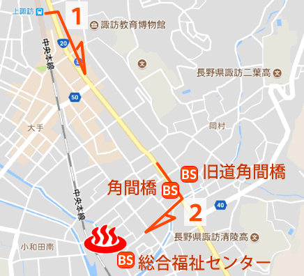 Map and bus stop of Kamisuwa Onsen Yamato-onsen in Nagano Prefecture, Japan