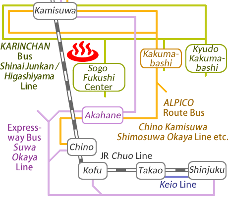 Train and bus route map of Kamisuwa Onsen Yamato-onsen, Nagano Prefecture, Japan