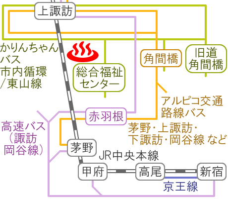 Train and bus route map of Kamisuwa Onsen Yamato-onsen, Nagano Prefecture, Japan