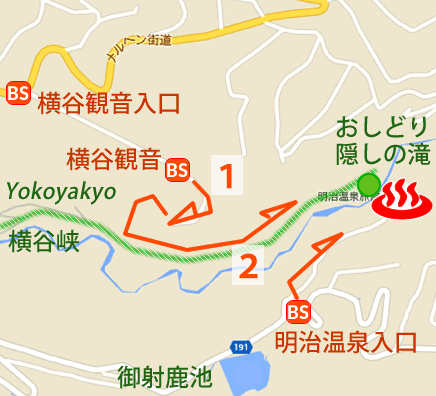 Map and bus stop of Oku-tateshina Onsen Meiji-onsen in Nagano Prefecture