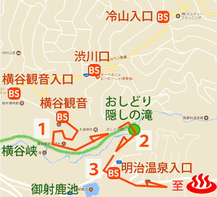 Map and bus stop of Oku-tateshina Onsen Shibu Gotenyu in Nagano Prefecture, Japan