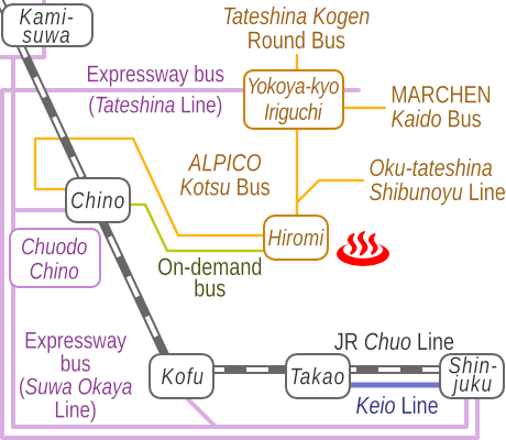 Train and bus route map of Yatsugatake Togariishinoyu, Nagano Prefecture, Japan