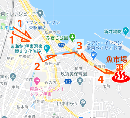Map and bus stop of Ito Onsen Ebisu Arainoyu in Shizuoka Prefecture