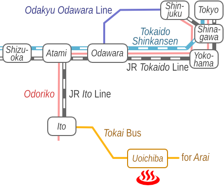 Train and bus route map of Ito Onsen Ebisu Arainoyu, Shizuoka Prefecture