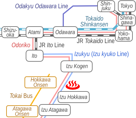 Train and bus route map of Kuroneiwaburo, Hokkawa Onsen, Shizuoka Prefecture