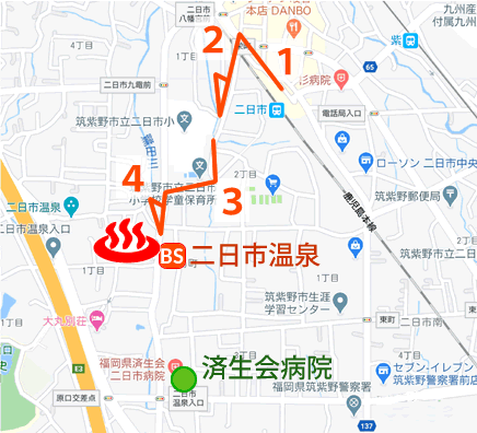 Map and bus stop of Futsukaichi Onsen Hakatayu in Fukuoka Prefecture