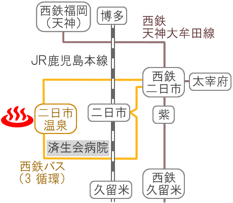 Train and bus route map of Futsukaichi Onsen Hakatayu, Fukuoka Prefecture