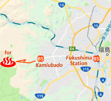 Map and bus stop of Takayu Onsen in Fukushima Prefecture