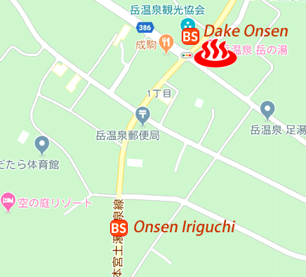 Map of Dakenoyu, Dake Onsen, Fukushima Prefecture, Japan (bus stop included)
