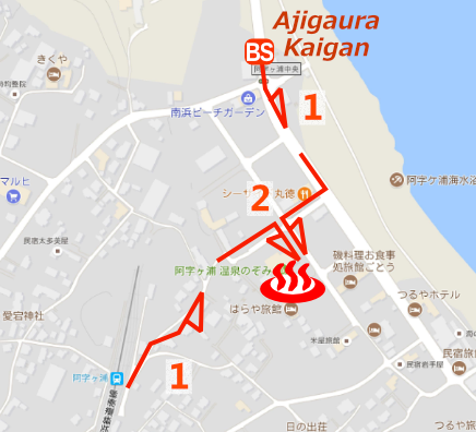Map and bus stop of Ajigaura-onsen Nozomi, Ibaraki Prefecture