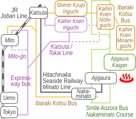 Train and bus route map of Ajigaura-onsen Nozomi, Ibaraki Prefecture