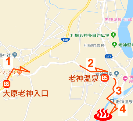 Map and bus stop of Oigami Onsen Anabarayu Toshukan in Gunma Prefecture, Japan