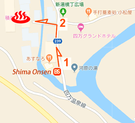 Map and bus stop of Sekizenkan, Shima Onsen in Gunma Prefecture