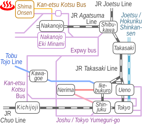 Train and bus route map of Kawaranoyu, Shima Onsen, Gunma Prefecture