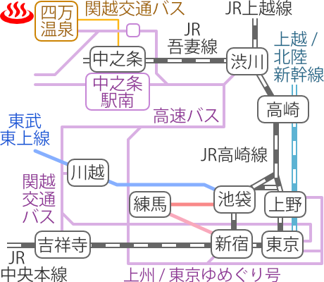 Train and bus route map of Sekizenkan, Shima Onsen, Gunma Prefecture