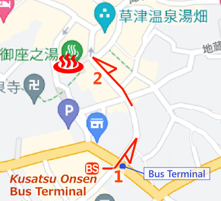 Map and bus stop of Kusatsu Onsen Gozanoyu, Gunma Prefecture