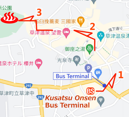 Map and bus stop of Kusatsu Onsen Sainokawara Rotenburo, Gunma Prefecture
