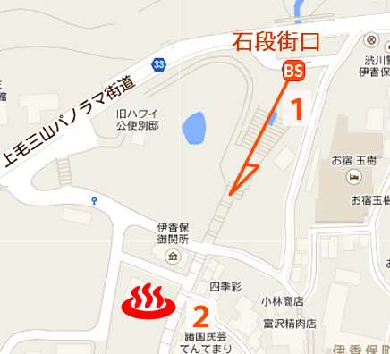 Map and bus stop of Ishidannoyu, Ikaho Onsen in Gunma Prefecture