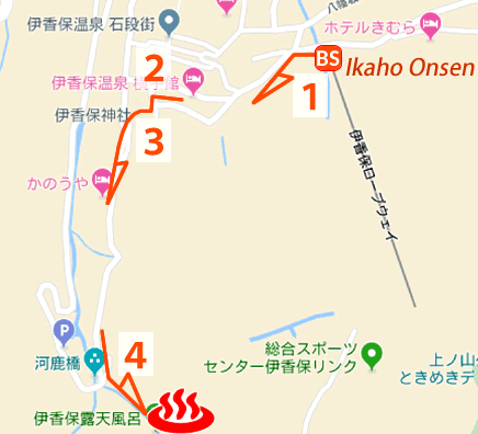 Map and bus stop of Ikaho Rotenburo, Ikaho Onsen in Gunma Prefecture