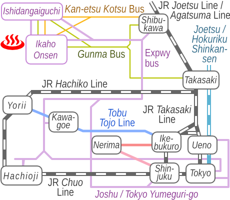 Train and bus route map of Kokuya, Ikaho Onsen, Gunma Prefecture